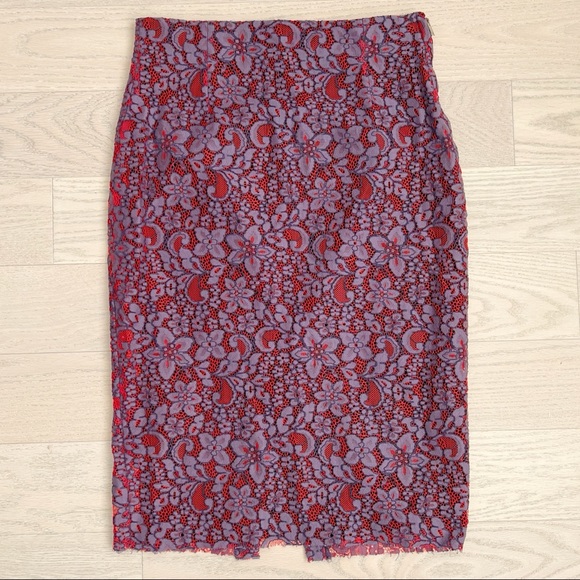 zara • red purple mauve two tone floral lace side zip midi work skirt • m - Picture 8 of 14